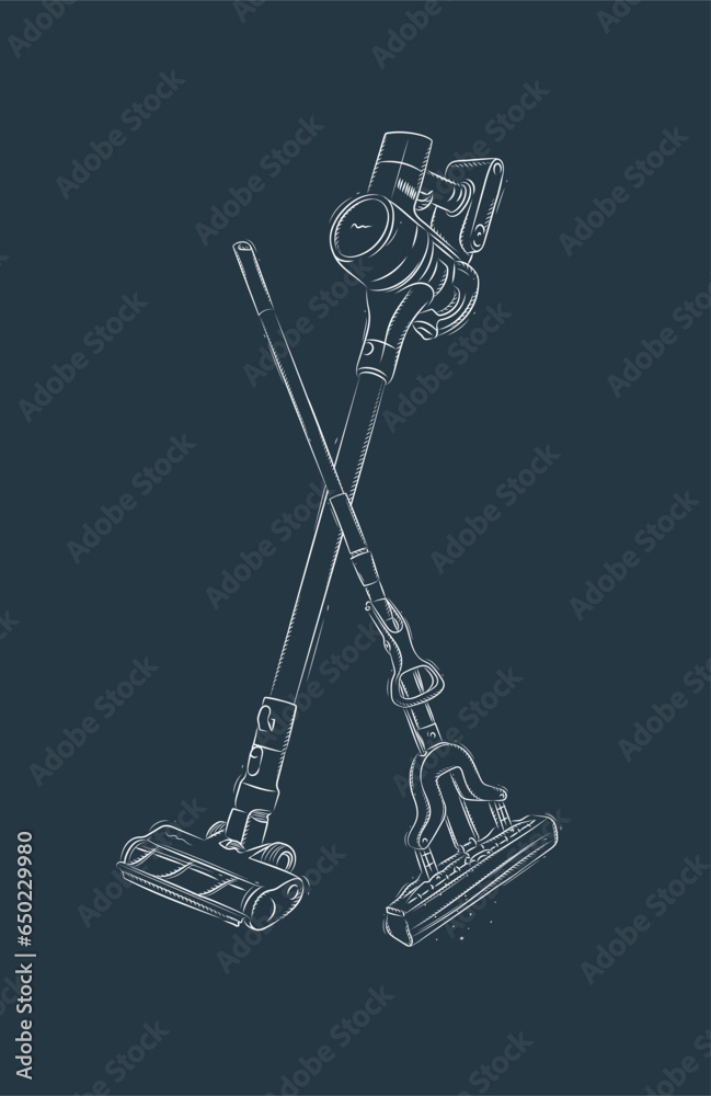 Cordless vacuum cleaner and sponge mop drawing in graphic style on blue background