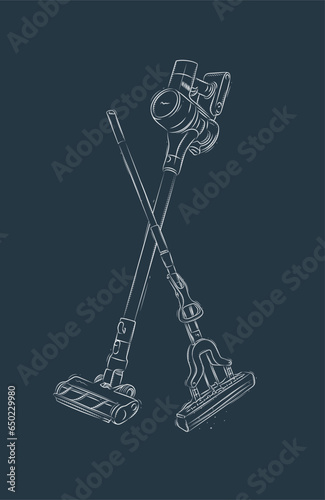 Obraz na płótnie Cordless vacuum cleaner and sponge mop drawing in graphic style on blue background w salonie