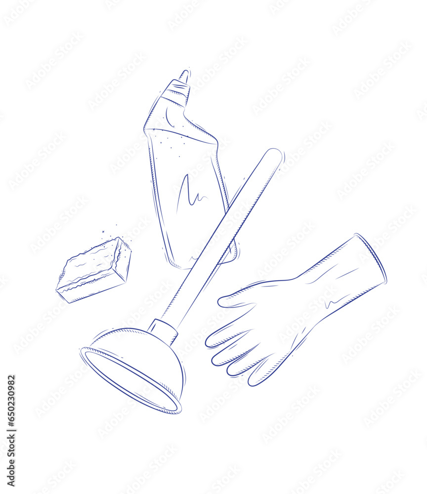Cleaning bathroom supplies tools accessories cleaner, washcloth, plunger, gloves drawing in graphic style on light background