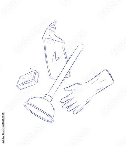Obraz na płótnie Cleaning bathroom supplies tools accessories cleaner, washcloth, plunger, gloves drawing in graphic style on light background w salonie