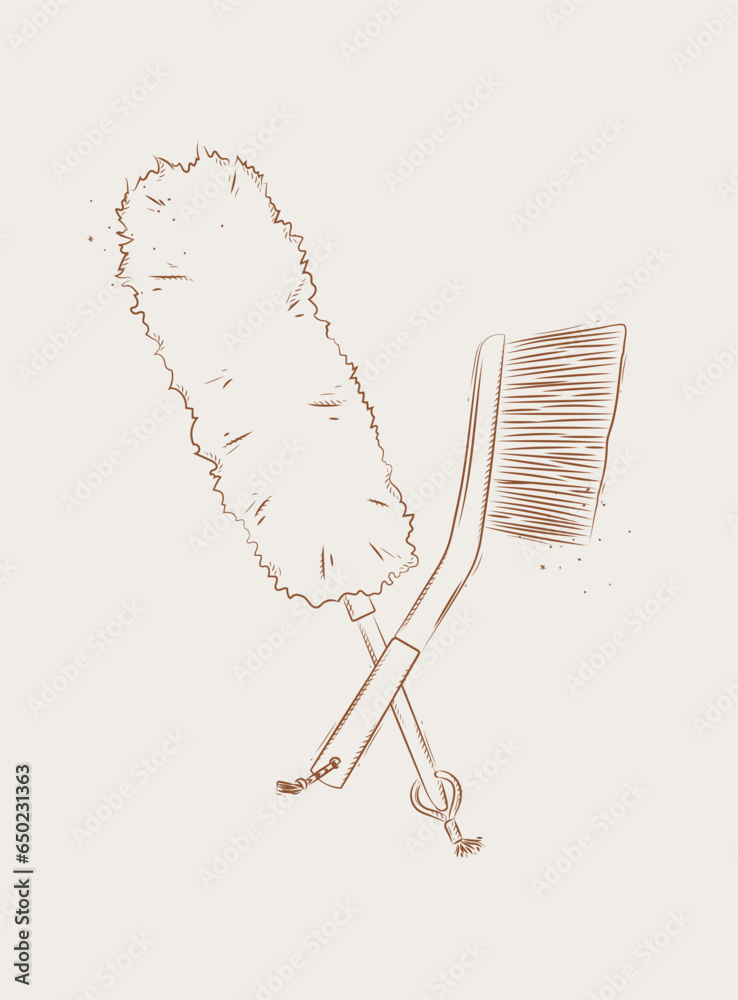 Dust remover tool and brush drawing in graphic style on beige background