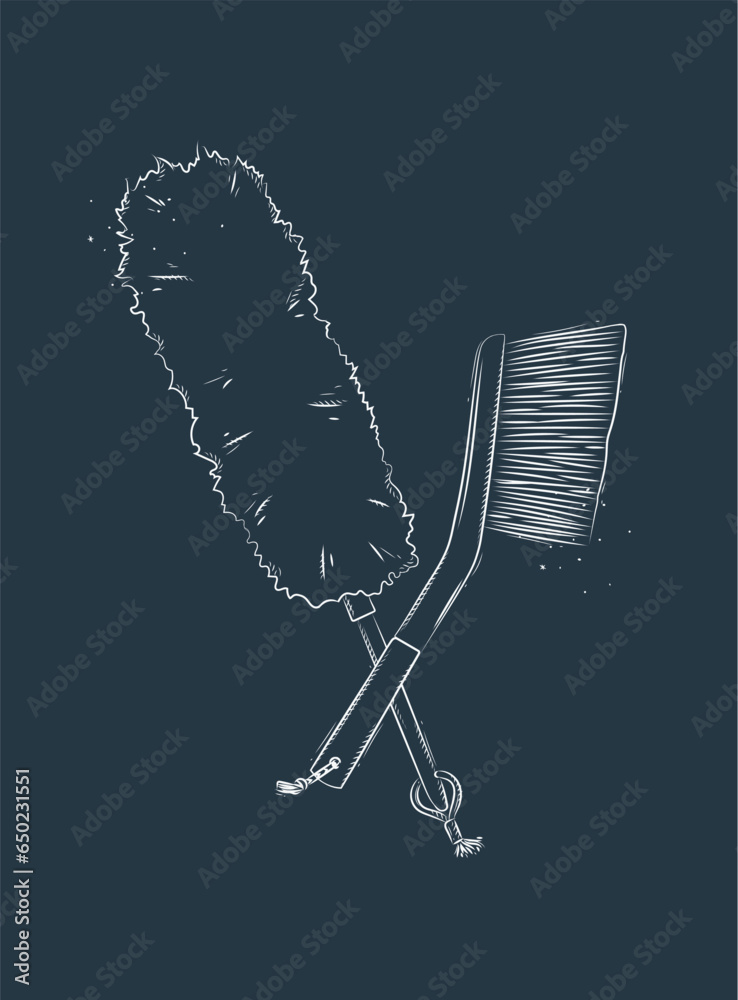 Dust remover tool and brush drawing in graphic style on blue background
