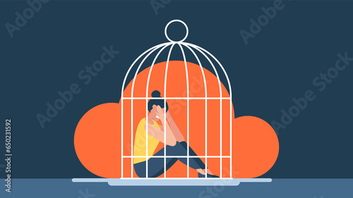 Woman locked in a cage. Sad woman in the cage. The sad girl needs psychological help. Female empowerment movement. Violence in the family. Girl in depression in jail and prison. Flat illustration