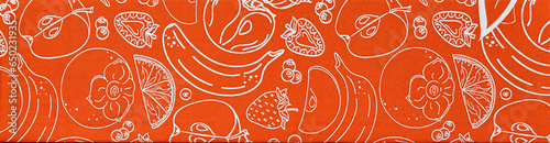 background of orange cardboard box with line art style fruits. Abstract creative food in minimalism design. Hand drawn vector illustration 