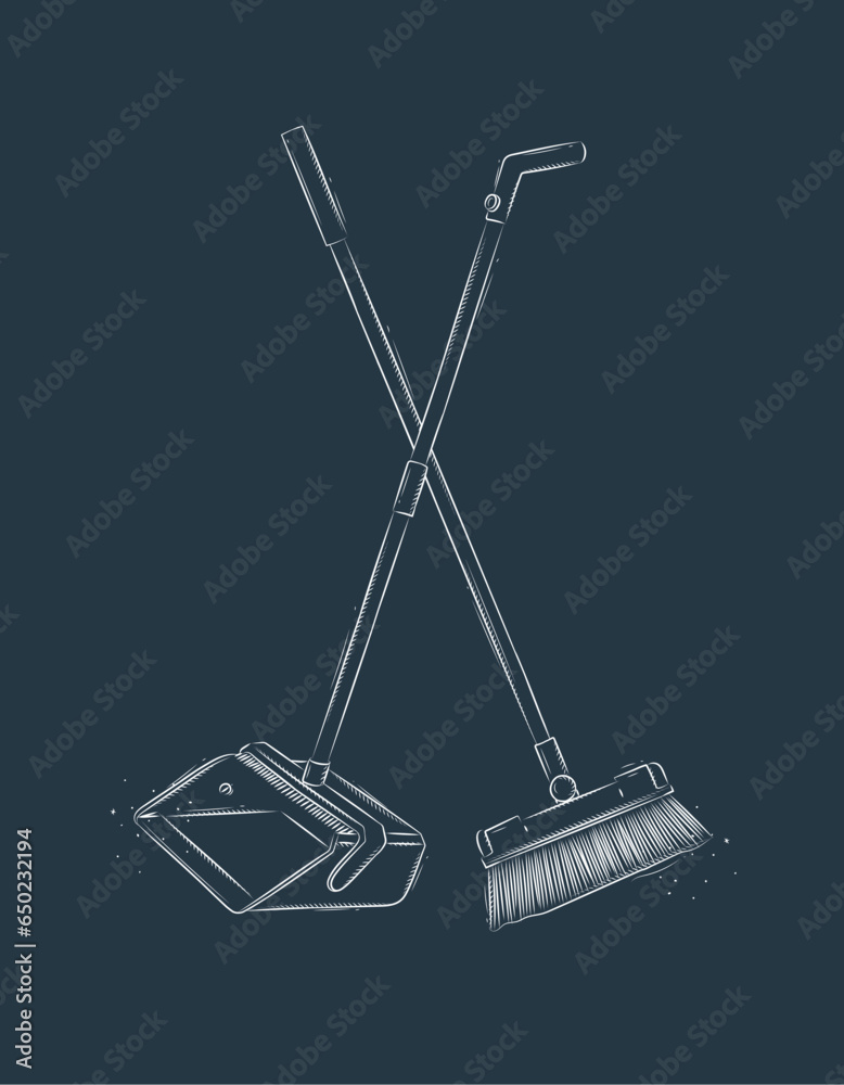 Flat broom and dustpan drawing in graphic style on blue background