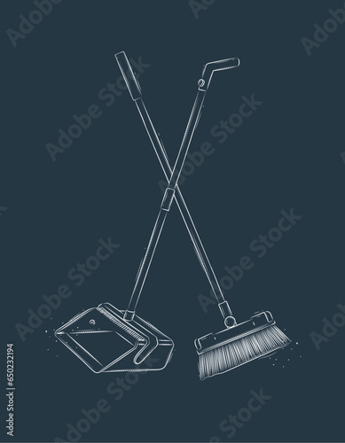 Obraz na płótnie Flat broom and dustpan drawing in graphic style on blue background w salonie