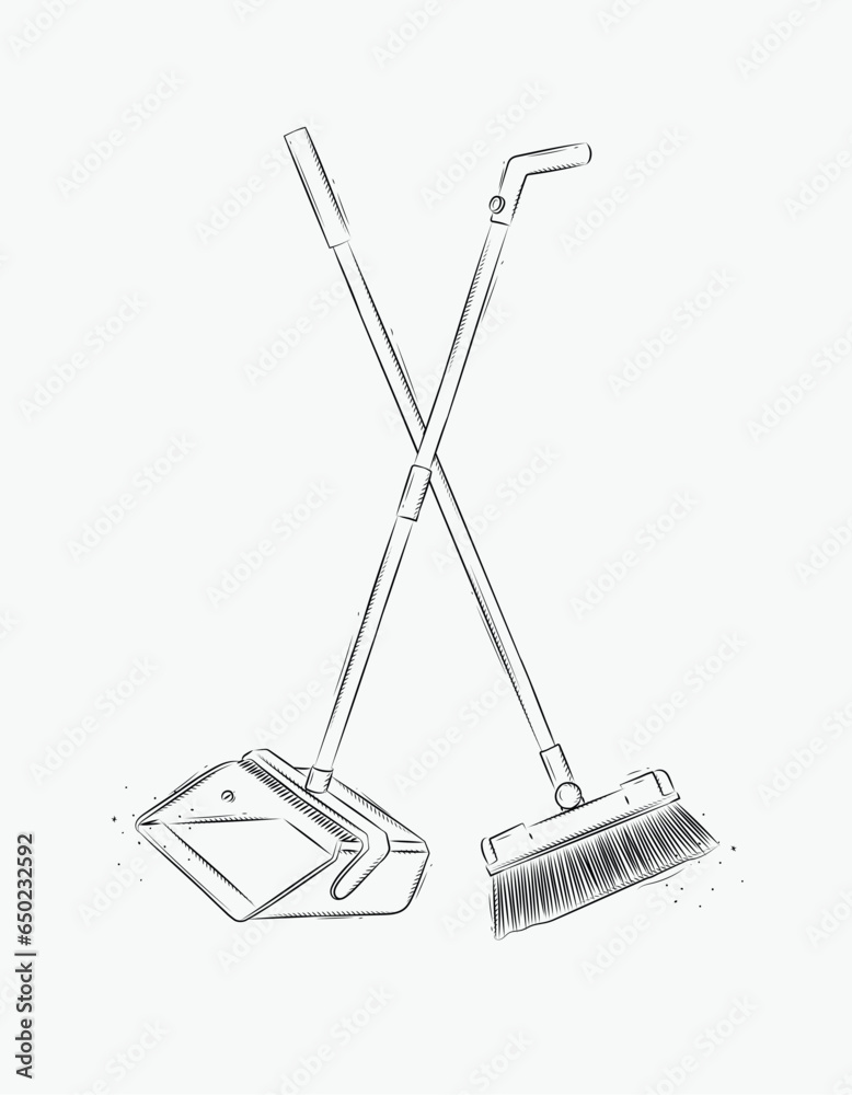 Flat broom and dustpan drawing in graphic style on white background