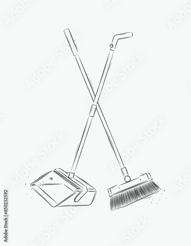 Obraz na płótnie Flat broom and dustpan drawing in graphic style on white background w salonie