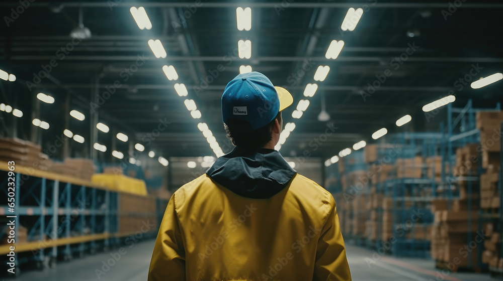 Back view of a worker wearing a yellow hat in a warehouse Back view of a worker wearing a yellow hat in a warehouse