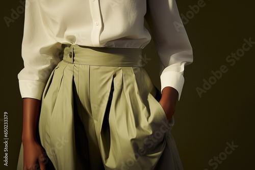 A contemporary fashion model in a moss-green outfit, exuding confidence and style. Chic lady boss pants concept.