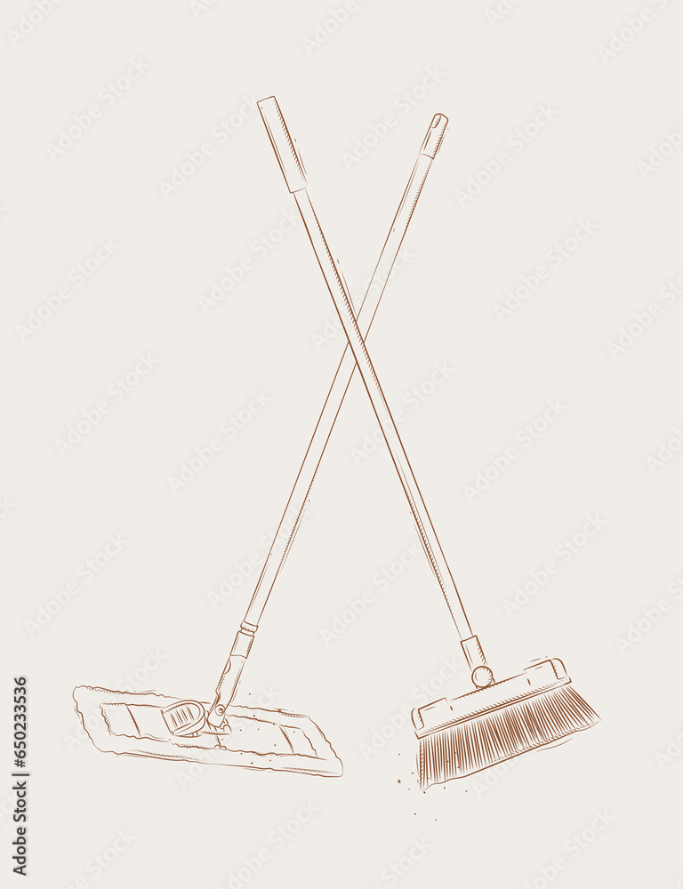 Flat mop and broom drawing in graphic style on beige background