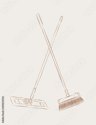 Obraz na płótnie Flat mop and broom drawing in graphic style on beige background w salonie