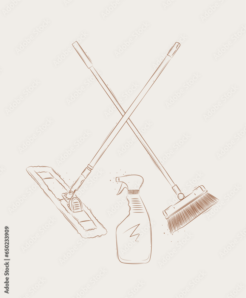 Flat mop, broom and glass cleaner drawing in graphic style on beige background