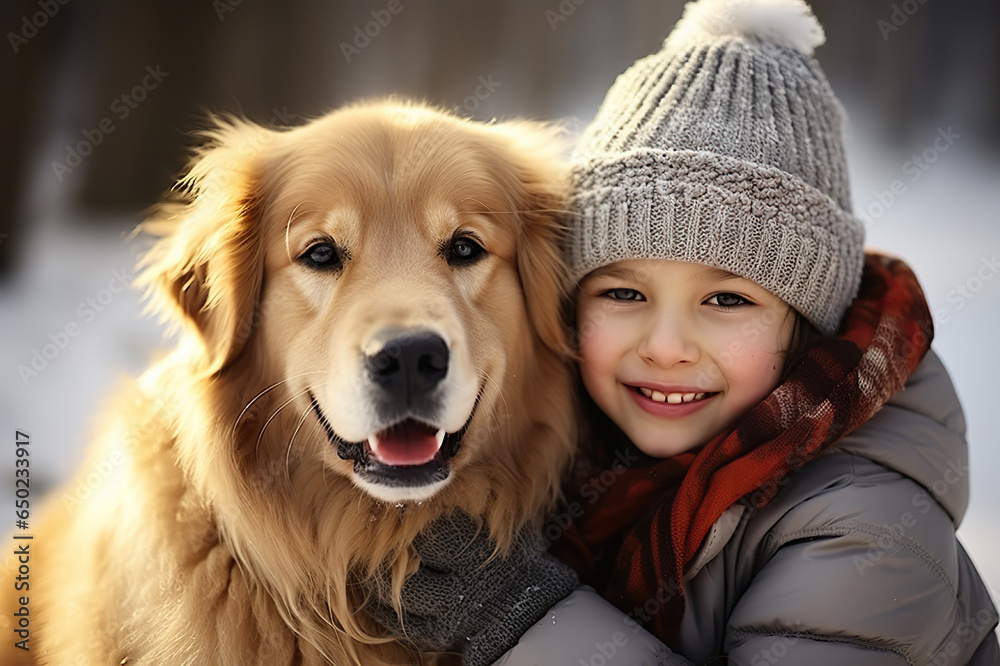 Child Embracing Their Golden Retriever, Celebrating the Joy of Holidays. created with Generative AI