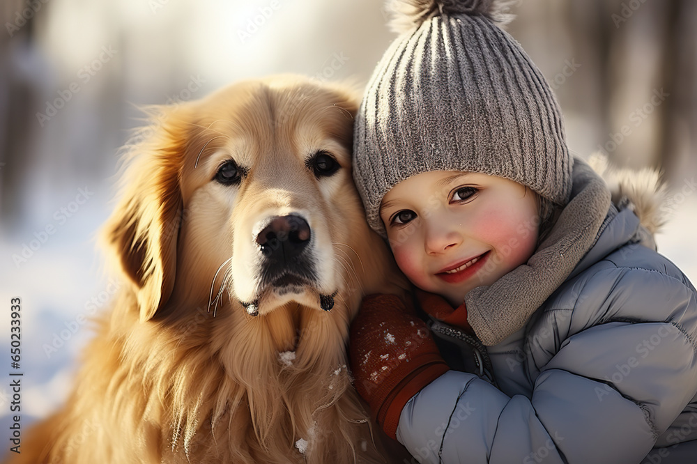 Child Embracing Their Golden Retriever, Celebrating the Joy of Holidays. created with Generative AI Child Embracing Their Golden Retriever, Celebrating the Joy of Holidays. created with Generative AI