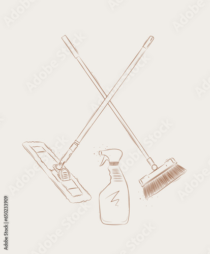 Obraz na płótnie Flat mop, broom and glass cleaner drawing in graphic style on beige background w salonie