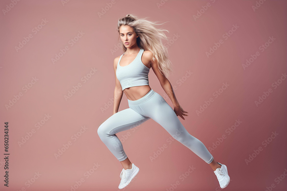 Full size young sporty woman weared in white tracksuit jumping on plain light pink background.