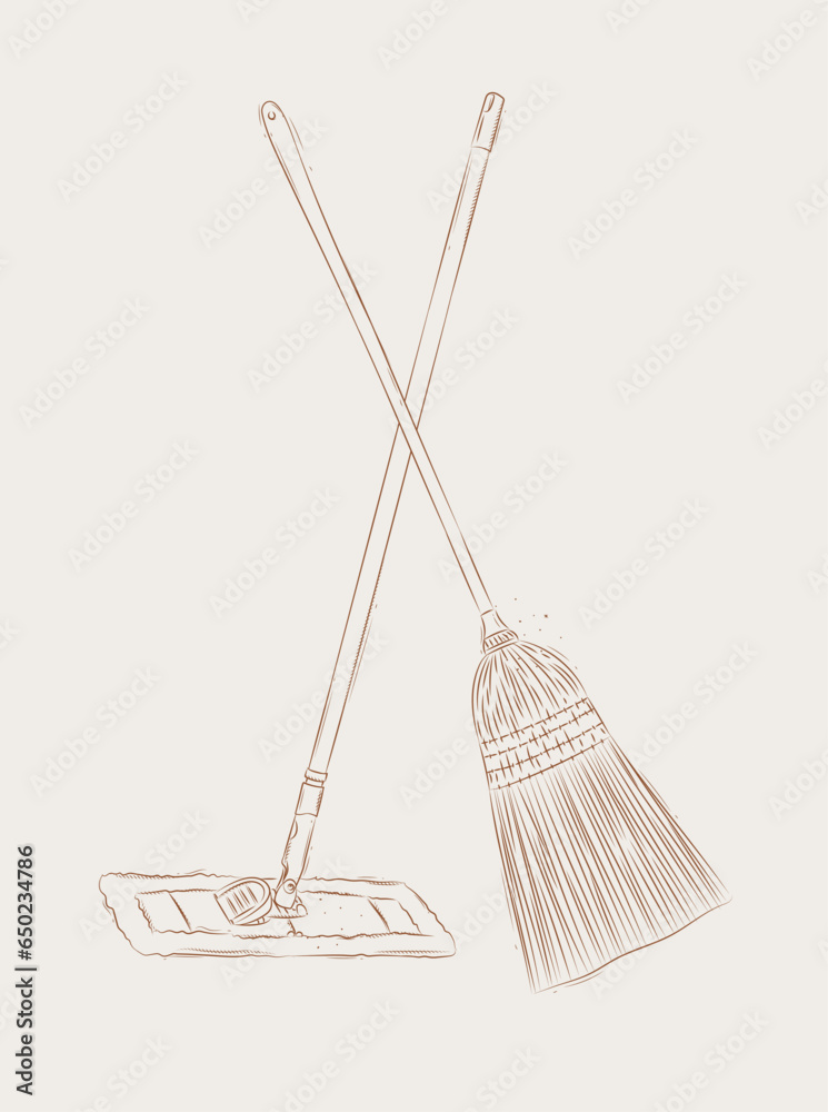 Broom and flat mop drawing in graphic style on beige background