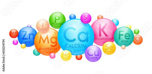 Minerals calcium zinc iron capsule isolated on white background. Nutrients vitamins that are essential the body for dietary supplement or skin care cosmetics banner design. Medical concepts. 3D Vector