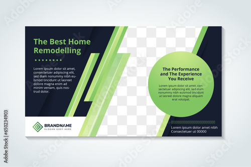 the best home remodelling banner or Horizontal layout poster design for social media post template. diagonal space for photo. blue background with green gradient element. 