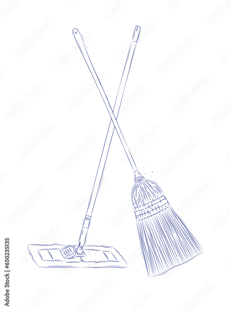 Broom and flat mop drawing in graphic style on light background