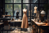 Behind the Scenes of Elegance: Fashion Design Studio Unveils Tailor's Workspace, Featuring a Mannequin Draped in the Latest Dress Creation.