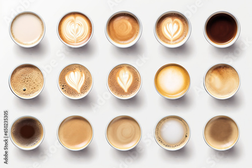 Diverse Coffee Delights Captured from Above: An Alluring Set of Cups, Each Containing Unique Coffee Varieties, Isolated on White.