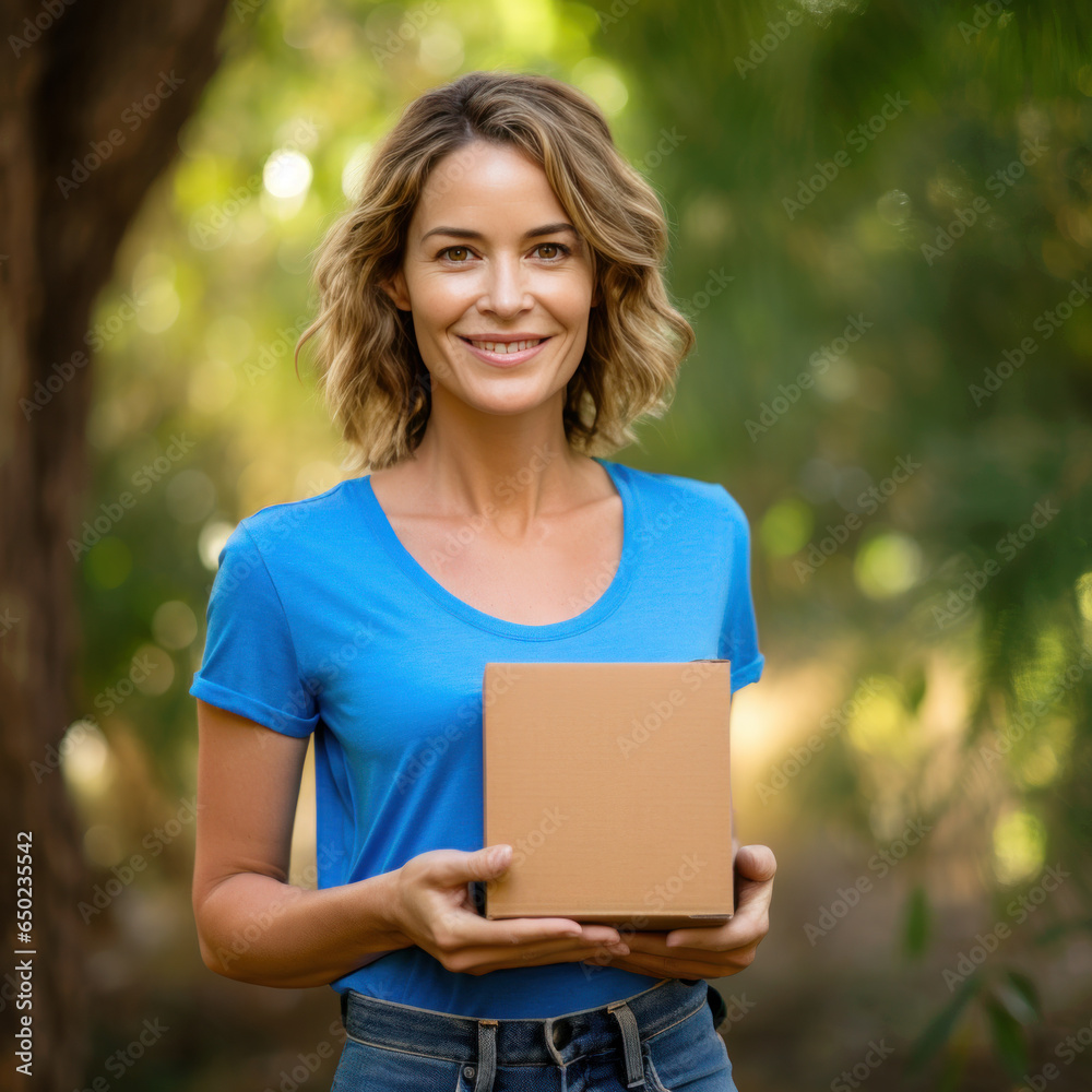 jeune femme souriante tenant dans ses mains une petite boite en carton vierge et personnalisable dans un décor naturel jeune femme souriante tenant dans ses mains une petite boite en carton vierge et personnalisable dans un décor naturel