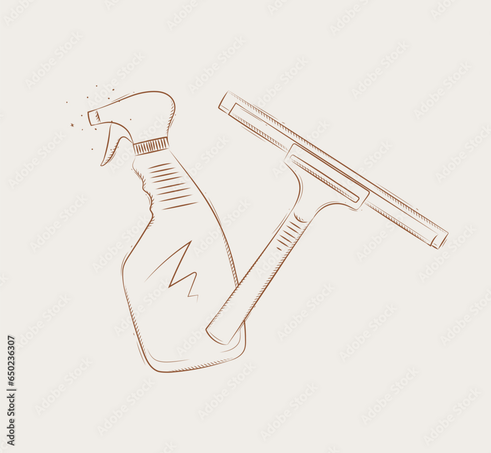 Glass scraper and cleaner drawing in graphic style on beige background