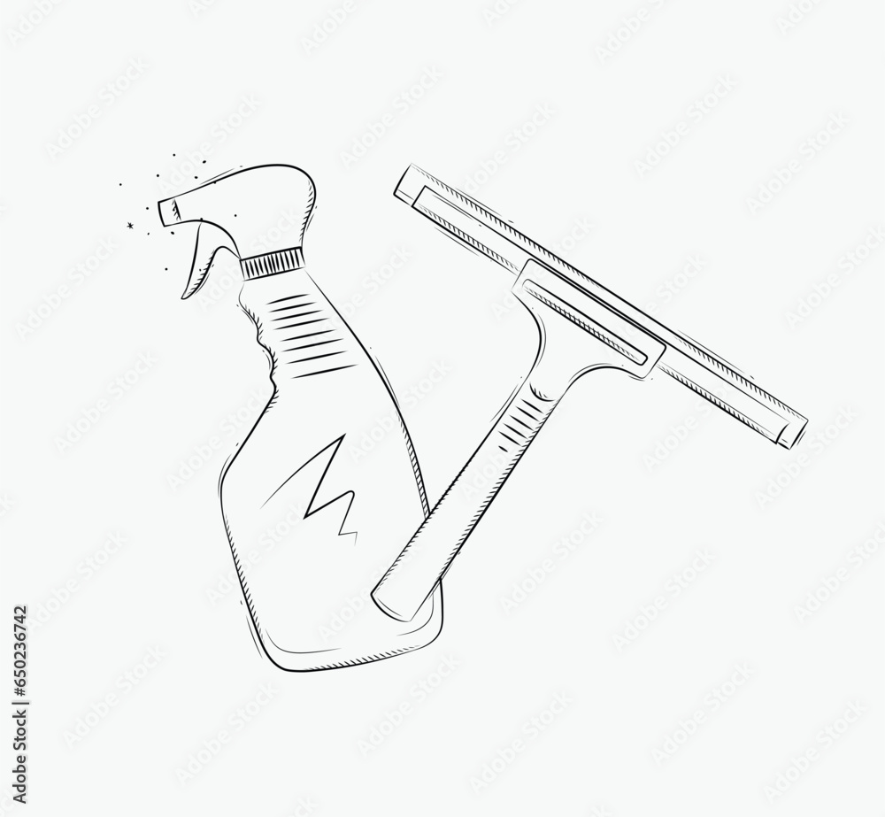 Glass scraper and cleaner drawing in graphic style on white background