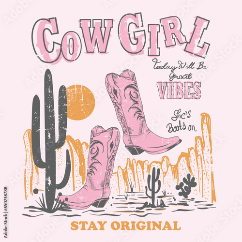 pink color desert cowgirl vector prints, wild west cowgirl boot and cap, cowgirl boots typography vector design, western desert design, cowgirl vintage print, Arizona desert design, scorpion in desert photo