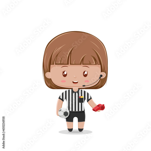 A referee girl cute character who holds a whistle and a ball