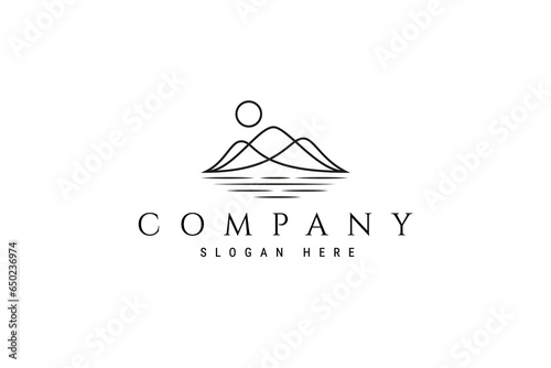 mountain landscape logo with a lake below in sunlight in line art design style