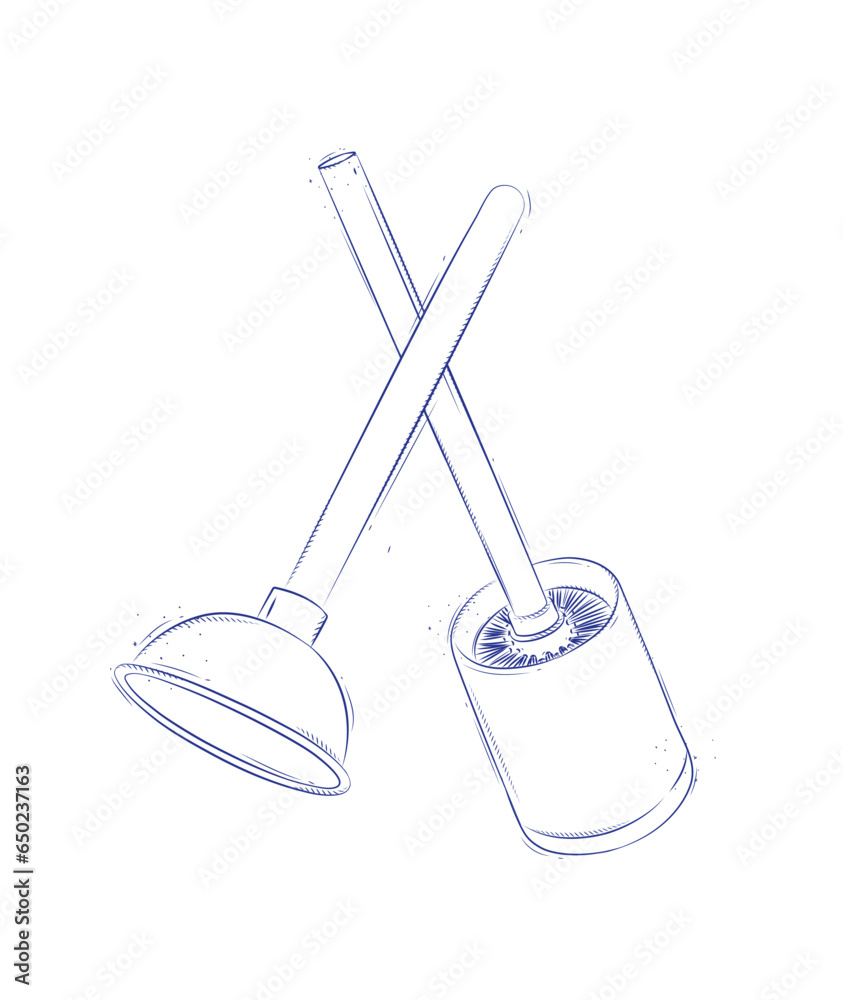 Cleaning tools toilet brush and plunger drawing in graphic style on light background
