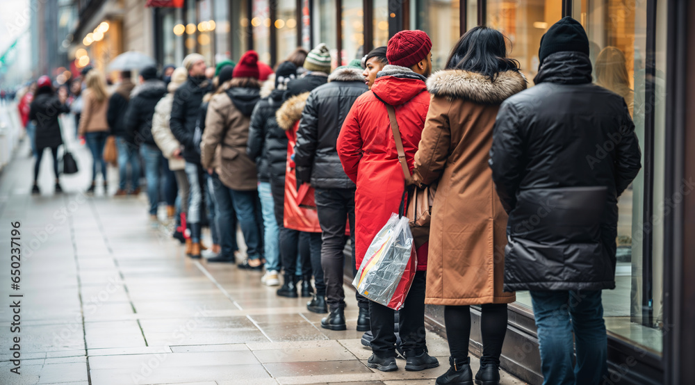 Naklejka premium Line of people queued up in line, waiting to buy in a shop, store discounts, scarcity, crowd looking at windows for black friday sales