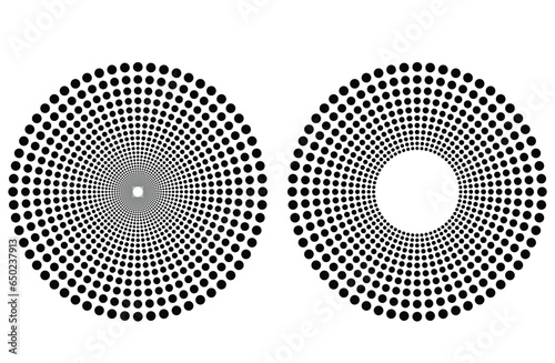 Abstract circle consisting of many dots set. Halftone circle frame background set. Round border Icon using halftone random circle. Grunge circular stain. Vector illustration.
