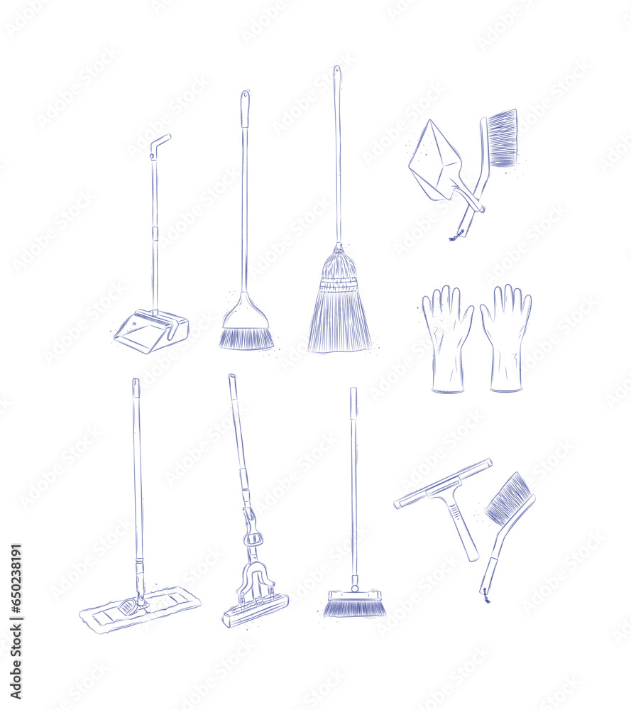 Floor cleaning tools accessories broom, dustpan, mop, gloves, scraper, brush drawing in graphic style on light background