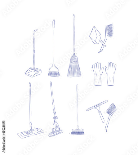 Floor cleaning tools accessories broom, dustpan, mop, gloves, scraper, brush drawing in graphic style on light background