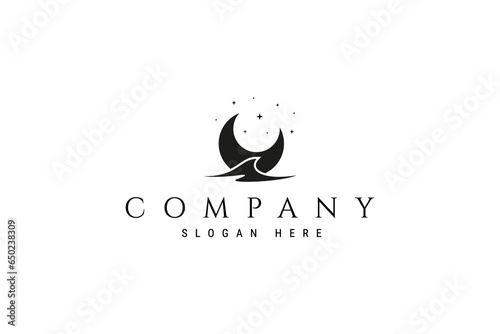 logo design vector illustration image of crescent moon silhouette with waves