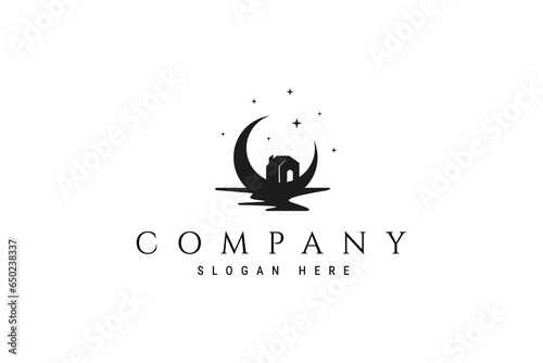 vector logo design illustration of house silhouette on crescent moon background with touch of lake water