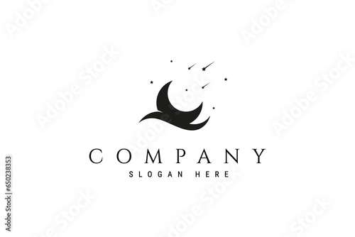 logo design vector illustration image of a crescent moon silhouette with waves decorated with shooting stars