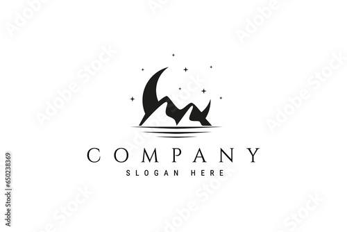 vector illustration of mountain logo design with crescent moon background decorated with stars