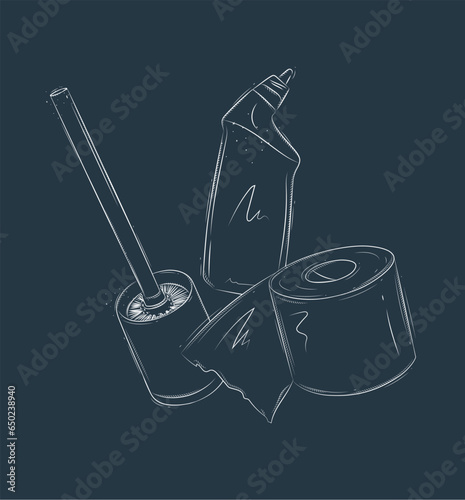 Toilet cleaning accessories cleaner, paper, brush drawing in graphic style on blue background