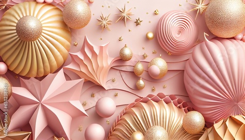 golden Christmas balls on a pink background. Generative in ai