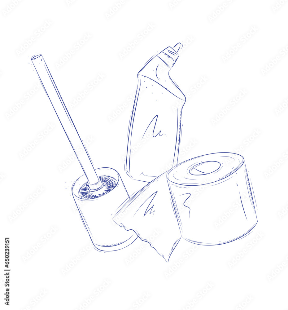 Toilet cleaning accessories cleaner, paper, brush drawing in graphic style on light background
