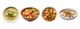 Set of Thai food Green curry chicken,Chicken Massaman Curry,Tom yum kung and Thai chicken coconut soup or Tom kha gai isolated on transparent background. Generative Ai