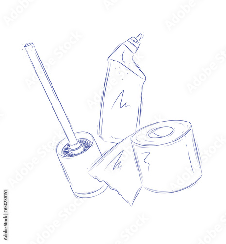 Obraz na płótnie Toilet cleaning accessories cleaner, paper, brush drawing in graphic style on light background w salonie