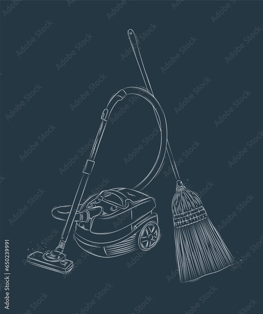 Vacuum cleaner and broom drawing in graphic style on blue background