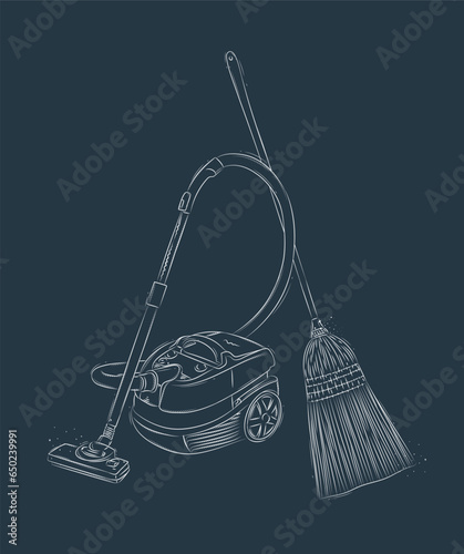 Obraz na płótnie Vacuum cleaner and broom drawing in graphic style on blue background w salonie