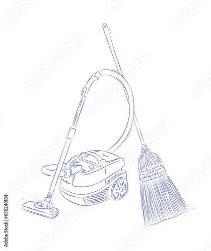Vacuum cleaner and broom drawing in graphic style on light background